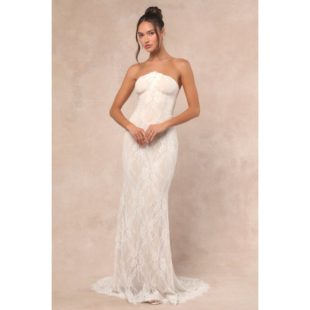 Lulus Valeria White Lace Strapless Bustier Maxi Dress - Size XS - Picture 1 of 3